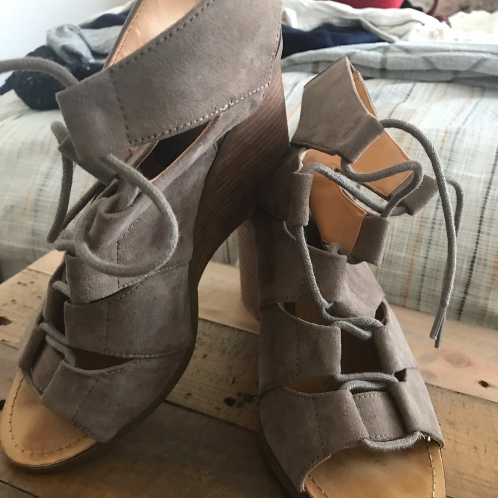 Tan suede Lace up wedge booties